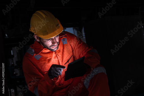 Engineer man technician male working at night shift with tablet technology device on site service