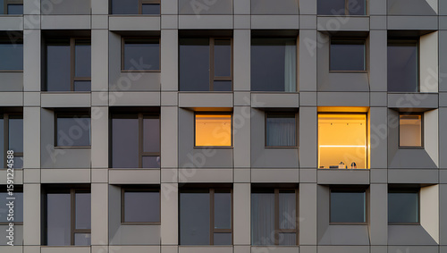 Modern office building facade with one lit window at dusk
