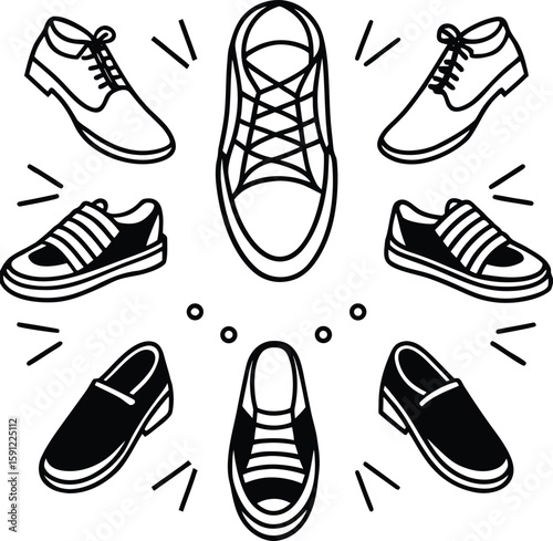 Collection of Vector Shoe Icons in Circle Arrangement: Top View and Side View of Various Footwear like Sneakers, Oxfords, and Loafers for Fashion and Sport Designs

