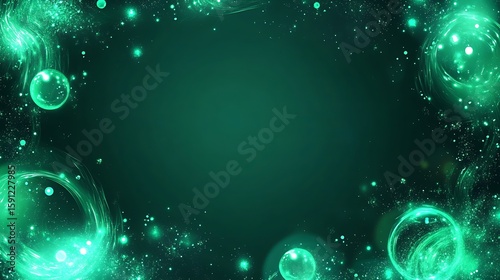 Abstract emerald green background with glowing orbs and particles