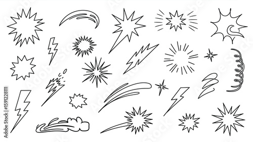 Hand Drawn Comic Style Elements and Effects Set on White
