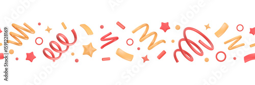 Seamless border with 3d confetti. Border with party popper elements, squiggles, stars and geometric shapes. Vector illustration. Celebration, event decoration, New Year streamer of firecracker.