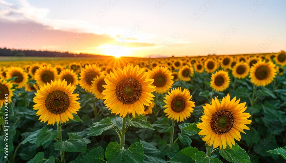 Obraz premium A field of sunflowers glowing in the light of the setting sun. A warm, joyful, and optimistic summer landscape.