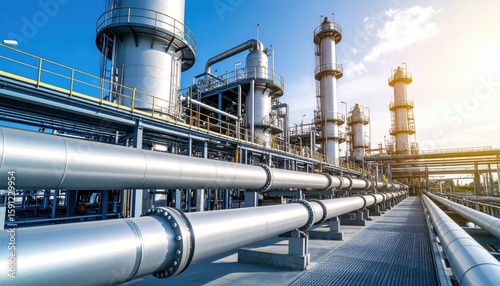 Industrial complex with large pipes and towers