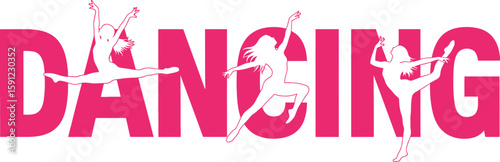 Graceful dancing silhouettes enhance the word DANCING in vibrant pink, perfect for studio promotion or fitness designs.
