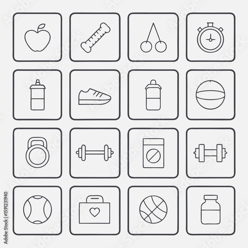Fitness and Wellness Icons Gym Nutrition and Lifestyle Symbols Set