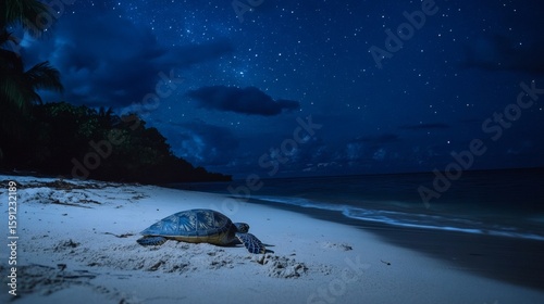 A sea turtle crawls along a beach at night under a starry sky.