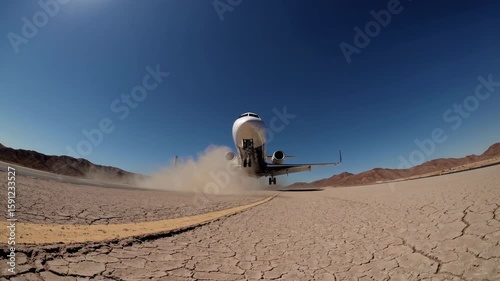 Private Jet Taking Off from Desert Airstrip Under Clear Blue Sky