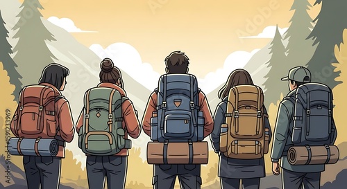 Five hikers with backpacks admire a scenic mountain vista at sunset.