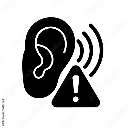 Solid black ear with warning icon representing hearing loss risk