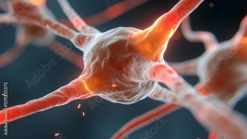 Neuron cell glowing synapse and axon transmitting signals in brain nervous system where stress impacts hormones affecting complex biological functions