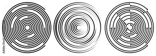 Concentric circles geometric element. Concentric segments of circles, random lines following a circle path. Spiral backgrounds. EPS vector illustration