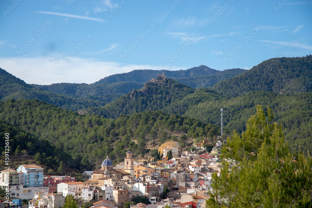 Naklejka premium picture of a small town taken from the top of the mountains