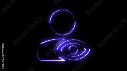 Neon outline human profile icon with glowing eye symbol abstract digital animation blue light on black background