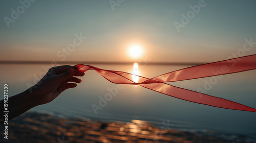 Ribbon in hand in the rays of the rising sun.