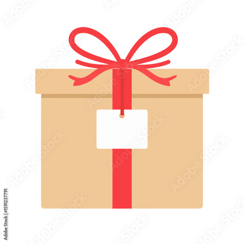 Simple cardboard gift box with a bright red ribbon bow and a blank white gift tag.