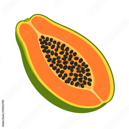 Halved papaya fruit illustration with vibrant orange flesh, black seeds, and green skin.