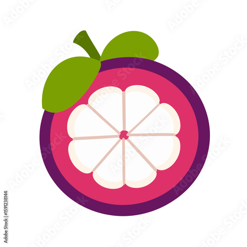 A vibrant flat vector icon of a sliced purple mangosteen with white pulp segments and green leaves.
