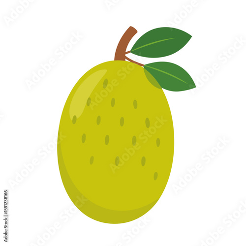 Stylized yellow-green passion fruit illustration with spotted skin, a brown stem, and two leaves.