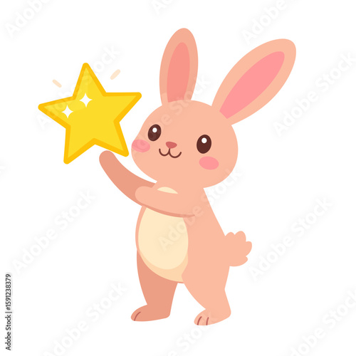 Cute pink cartoon rabbit with rosy cheeks holding a shiny yellow star. Adorable standing bunny character with long ears.