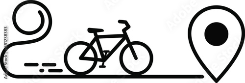 Minimalist bicycle path illustration showing a bike traveling towards a destination pinpoint on a white background.