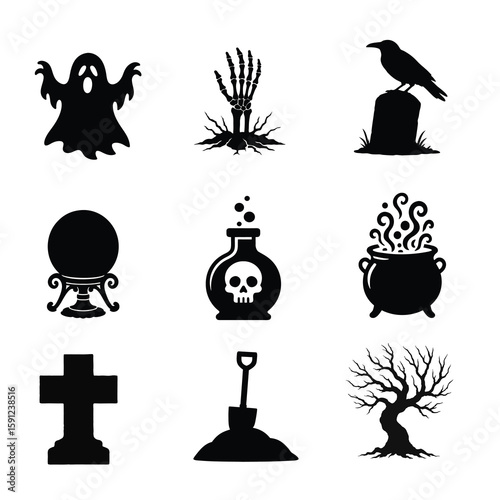 Spooky Halloween Icon Set:  Black Silhouettes of Ghost, Skeleton Hand, Crow, Crystal Ball, Potion, Cauldron, Cross, Shovel, and Dead Tree.