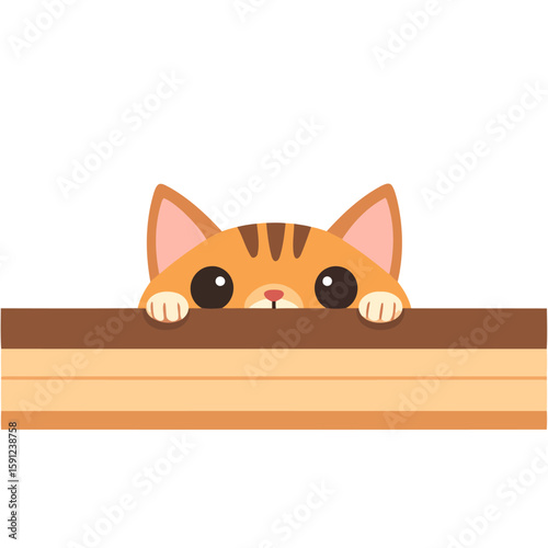 Adorable cartoon ginger cat with big black eyes peeking curiously from behind a wall.