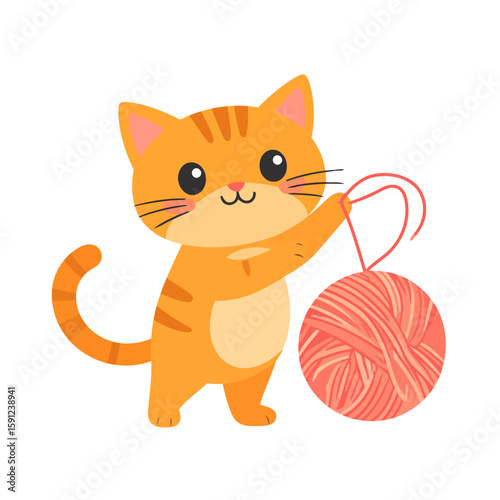 Cute ginger tabby kitten standing and playfully holding a pink ball of yarn.