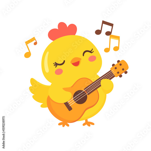 Adorable kawaii yellow chick with a red comb happily playing a brown acoustic guitar and singing, surrounded by musical notes.