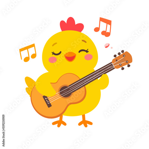 Happy cartoon chick with rosy cheeks playing an acoustic guitar and singing a song.