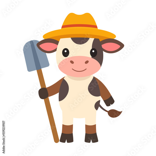 Adorable cartoon farmer cow with a yellow hat and shovel, standing and smiling.