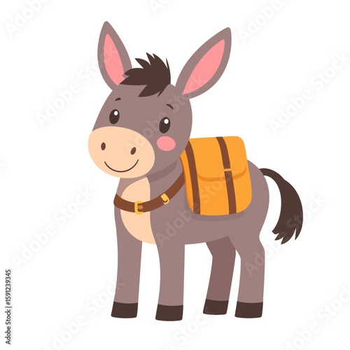 Charming grey cartoon donkey with a yellow backpack and a friendly smile.