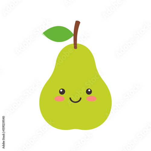 Adorable kawaii green pear character with a happy smiling face and rosy cheeks.
