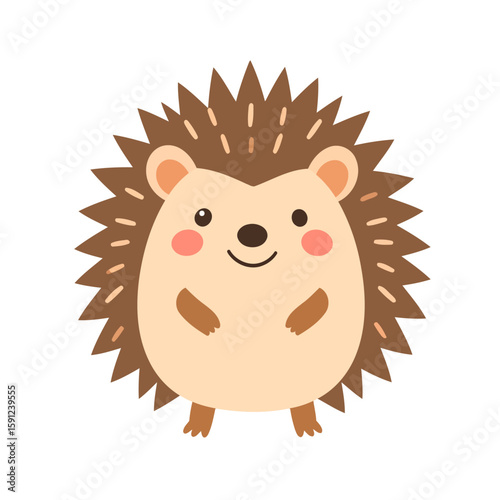 Charming flat vector illustration of a cute, round hedgehog with rosy cheeks and a friendly smile.
