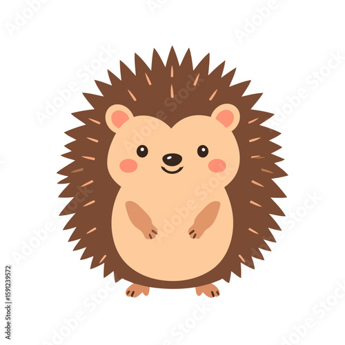 Adorable cartoon hedgehog with brown spiky quills and a friendly smile. Cute woodland animal character with rosy cheeks, standing upright.