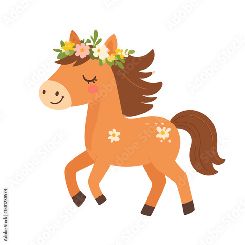 Adorable orange cartoon horse with a flower crown, smiling happily while trotting.