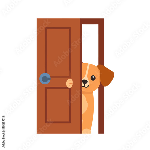 Curious cartoon puppy with floppy ears peeking from behind a slightly open brown door, flat vector illustration.