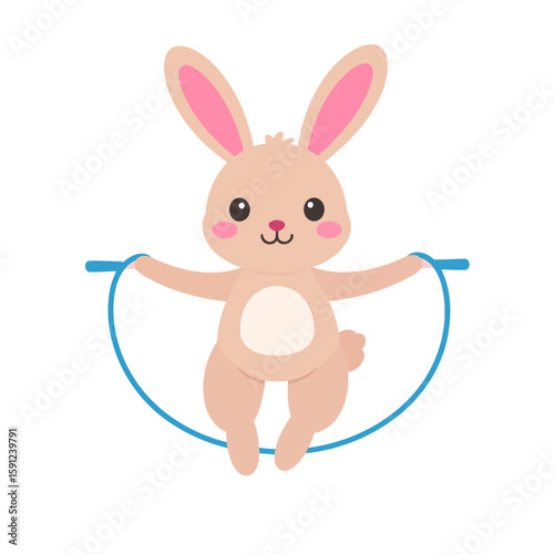 Cute cartoon rabbit with pink cheeks and long ears happily jumping with a blue skipping rope.
