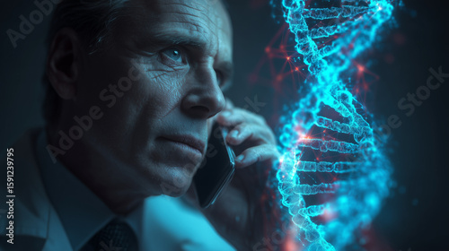 The doctor on the phone shows the DNA molecule