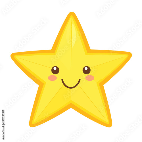 Adorable yellow star character with a cute smiling face. Kawaii style cartoon mascot with rosy cheeks.