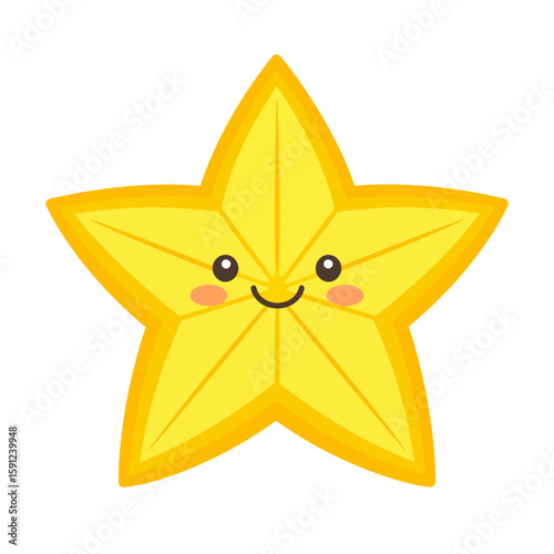 A cute cartoon starfruit slice with a happy, smiling face and rosy cheeks. Adorable yellow carambola character.