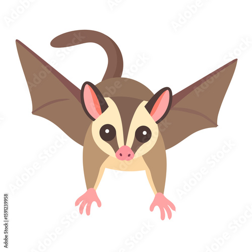 Cute cartoon sugar glider with large eyes and spread wings, gliding forward in a stylized illustration.