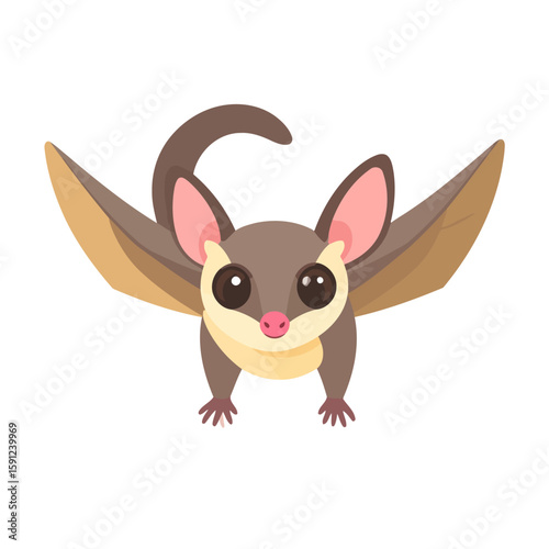 Adorable cartoon sugar glider with big eyes and spread patagium, ready to glide.