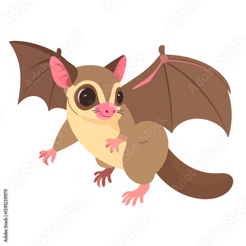 Cute cartoon sugar glider with large dark eyes and brown wings, gliding with a gentle smile.