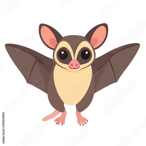 Charming cartoon bat with big eyes and spread wings, standing in a friendly pose.