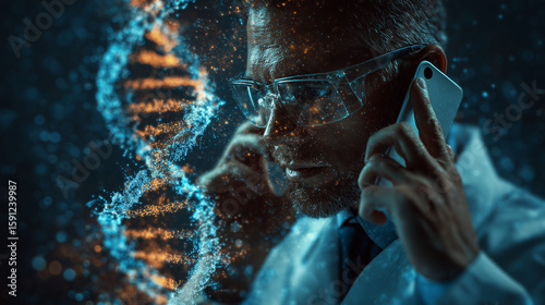 The doctor on the phone shows the DNA molecule