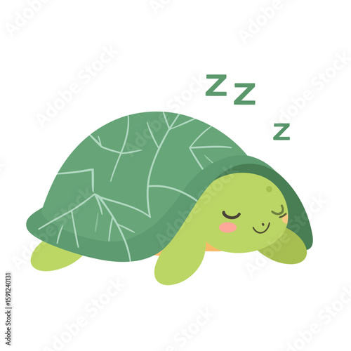 Cute cartoon turtle sleeping soundly with a happy smile and patterned green shell.