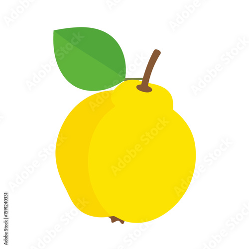 Minimalist flat design illustration of a ripe yellow quince fruit with a single green leaf and brown stem.