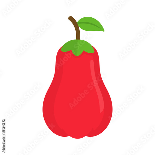 Stylized red rose apple illustration with a bell shape, green leaf, and stem.