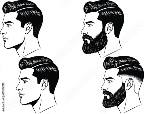 Handsome men with stylish haircuts and beards are showcased in this elegant black and white hair design illustration.